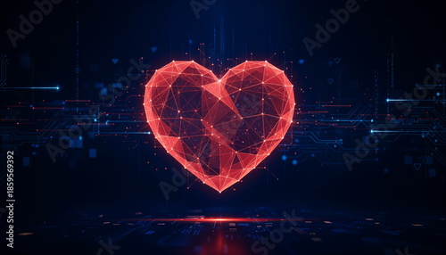 Red heart shape made of glowing lines in dark tech background