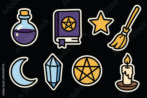 Mystical witchcraft icons with potion, spellbook, and candle in cartoon style