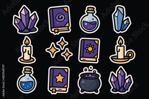 Magic themed cartoon stickers crystals, potions, and spellbooks on black background