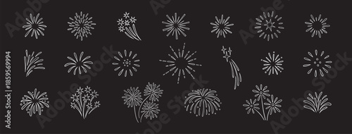 Firework doodle and festive handdrawn firecracker, big set. Celebration line art sketch icons with confetti, sparkle, magical explosive bursts. For party, holiday design. Vector illustration on black