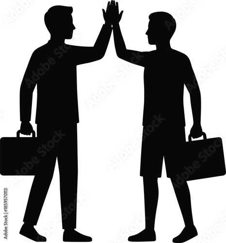 Two business men high five silhouette illustration, teamwork success celebration corporate partnership professional black vector concept