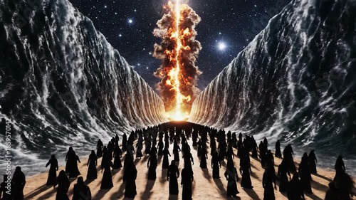 Many people crossing through parted sea with pillar of fire and smoke. Biblical story of Exodus journey with divine guidance.