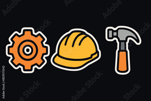 Construction icons set gear, helmet, hammer on dark background