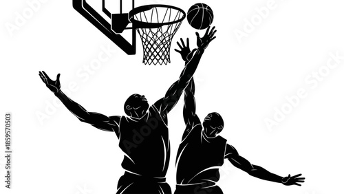 Dynamic Silhouette of Two Basketball Players Jumping for a Dunk and Rebound Against a Hoop