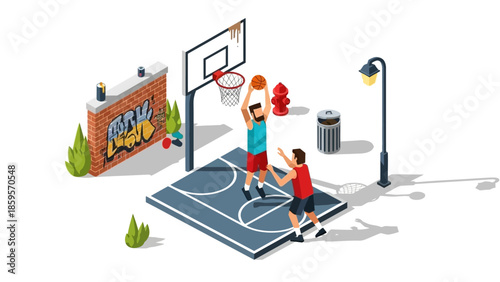 Urban Basketball Game Two Men Playing Outdoors on a Graffiti Wall Court with Street Lamp
