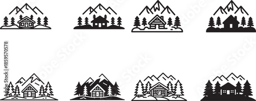 black and white mountain landscape icons with houses and trees