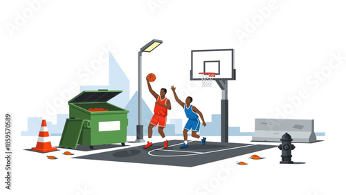 Urban Basketball Game Two Men Playing Basketball on a City Court with Trash Can and Fire Hydrant