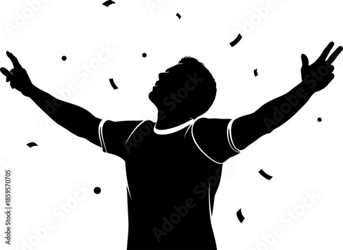 Silhouette of a Victorious Man Celebrating with Arms Raised and Confetti Falling Symbolizing Success and Achievement
