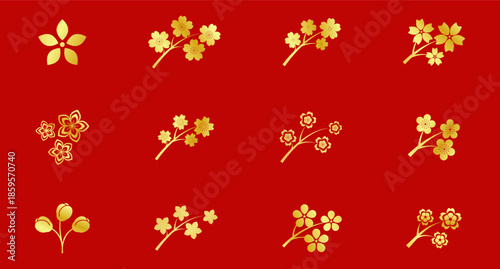 Golden sakura icon. Cherry, Peach, plum Blossom flower, luxury flower, floral petal. Japanese spring flowers symbol. Ornamental cherry silhouette, paper cut emblem, sakura logo, badge.