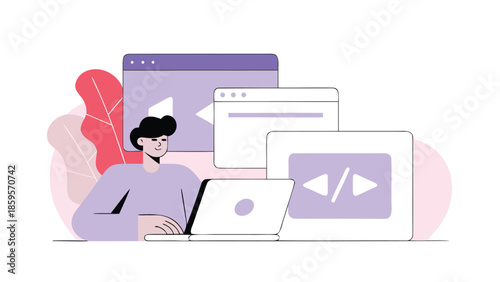 Programmer focused on software development with laptop and multiple screens displaying coding interface