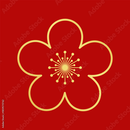 Golden sakura icon. Cherry, Peach, plum Blossom flower, luxury flower, floral petal. Japanese spring flowers symbol. Ornamental cherry silhouette, paper cut emblem, sakura logo, badge.