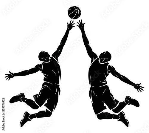 Dynamic Silhouette of Two Basketball Players Jumping High for a Jump Ball in a Fast Paced Game
