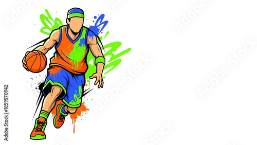 Energetic Basketball Player Dribbling Ball with Vibrant Graffiti Splatter Background Dynamic Sports Illustration
