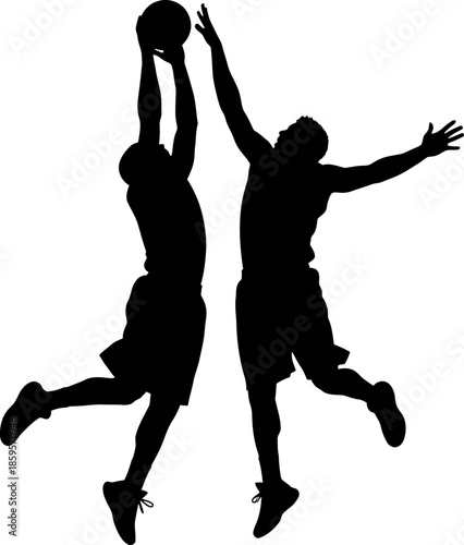Dynamic Silhouette of Two Basketball Players Jumping for the Ball in Mid Air Aggressive Competition and Athleticism