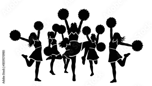 Energetic Silhouette Cheerleaders Group Dancing with Pom Poms Inspiring Team Spirit and School Pride