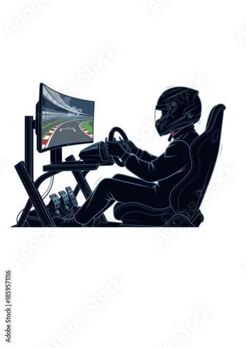 Sim Racing Hobby Silhouette of Teenager in Gaming Rig for Formula 1 Fan Culture and Digital Motorsport Technology Simulation Concept Vector