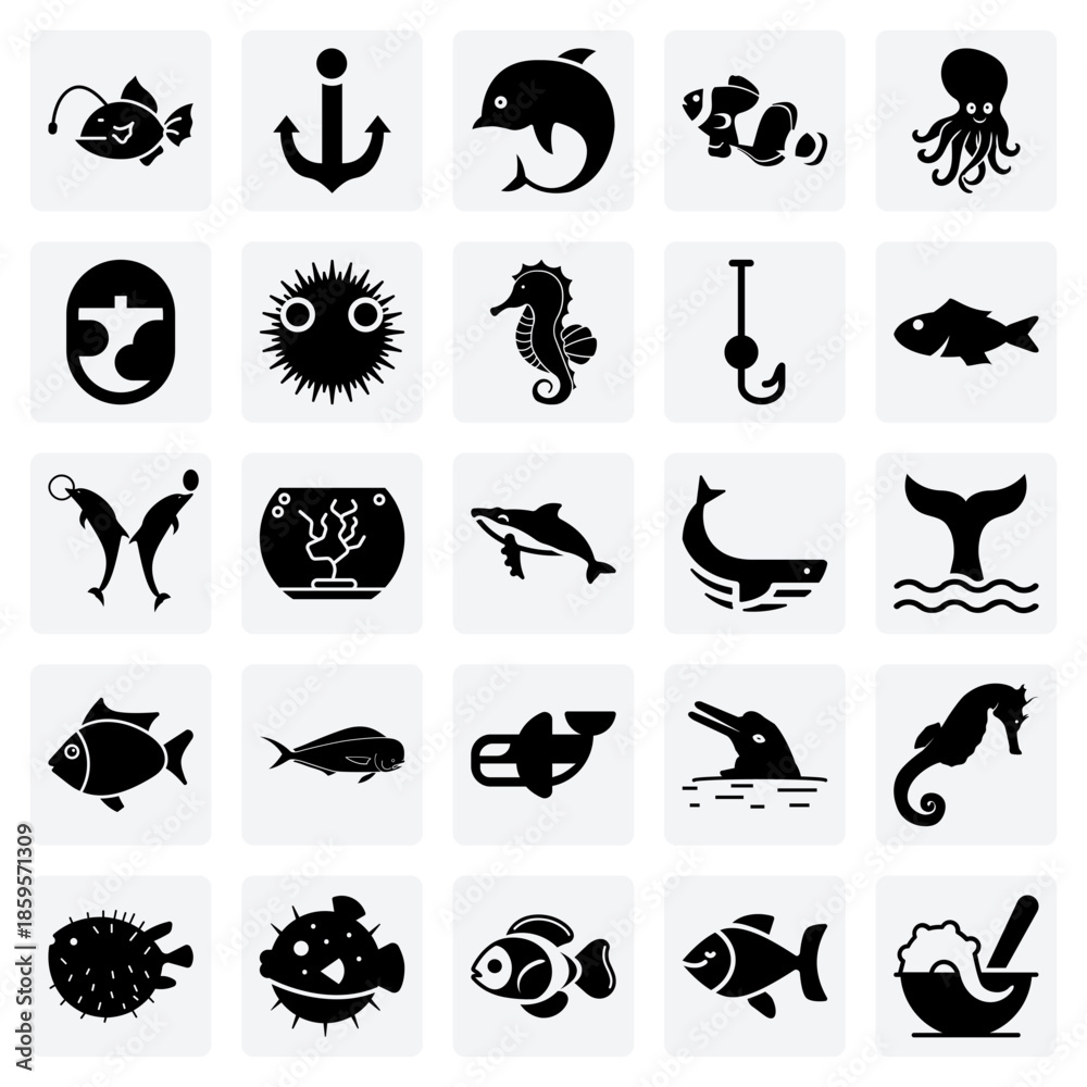 Fototapeta premium Diverse Marine Animals And Nautical Elements – Dolphin, Clownfish, Octopus, And Anchor For Ocean Adventure And Educational Content
