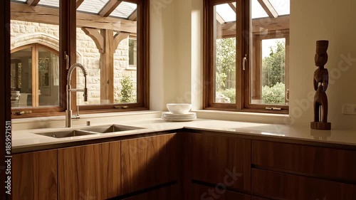 Bright and spacious modern kitchen interior featuring natural wood cabinetry, large windows, and a sleek countertop, creating an inviting and contemporary culinary space filled with abundant daylight