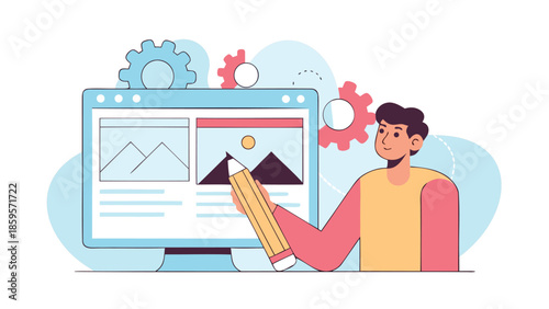 Man optimizing website on computer with pencil and gears in background for search engine ranking