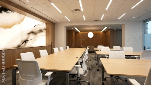 Modern and professional conference room interior with a large wooden table, sleek white chairs, and elegant abstract wall art, suitable for business meetings