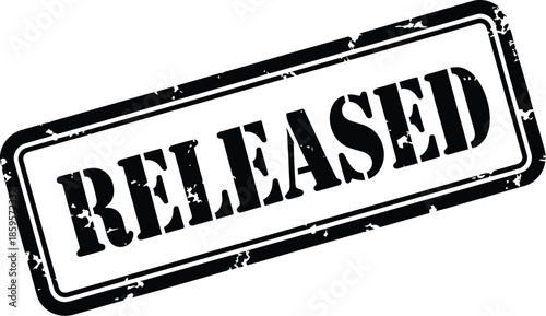 Grunge style released stamp graphic element with distressed texture on transparent background