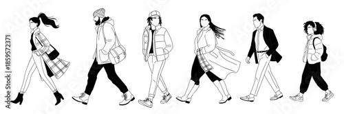 Clean black and white line drawing of different people walking in casual winter and fall attire isolated on transparent background