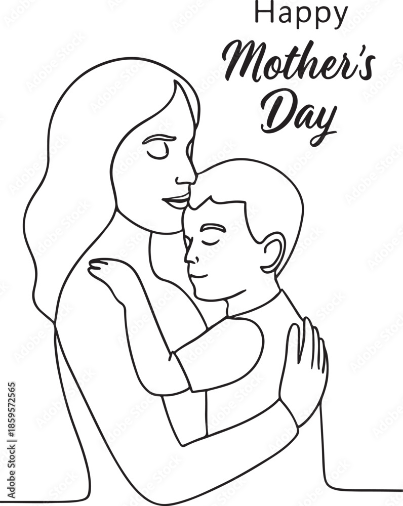 Fototapeta premium Happy Mothers Day mother and son embrace line art
