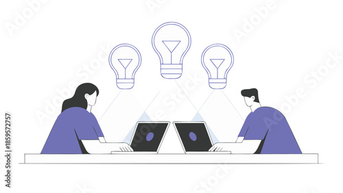 Two people collaborating at a shared table with laptops and lightbulbs representing ideas