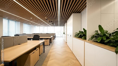 Modern open-plan office interior with wooden desks, contemporary design, and natural light, fostering a professional and productive business workspace