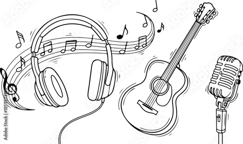 Line art sketch of music equipment including headphones guitar and microphone