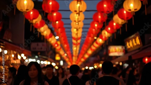 A vibrant street lined with illuminated traditional lanterns, casting a warm glow over a bustling night market in Asia