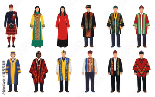 Group of diverse people wearing traditional garments.