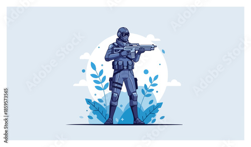 Modern Soldier Standing Ready with Assault Rifle.