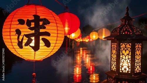 Floating red lanterns with elegant calligraphy illuminating the tranquil water at dusk, creating a vibrant and festive traditional scene reflecting cultural celebration