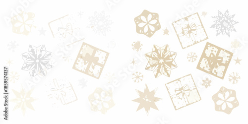 A delicate background of winter snowflakes and gift boxes in neutral tones