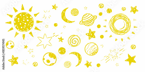 Whimsical yellow doodle of celestial bodies sun moon planets and stars
