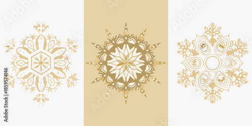 Elegant golden snowflake designs presented in a vertical symmetrical arrangement