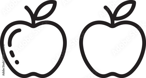 Simple line drawing depicting two apples with stems and slight imperfections