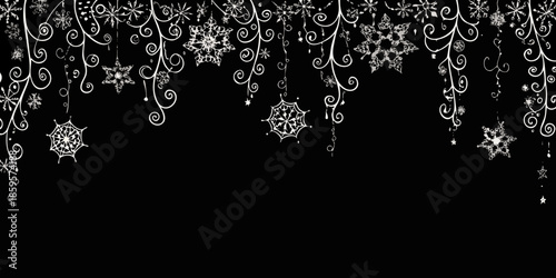 Elegant black background adorned with delicate hanging snowflake designs