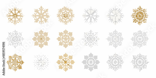 A collection of delicate and ornate snowflake patterns in varying shades