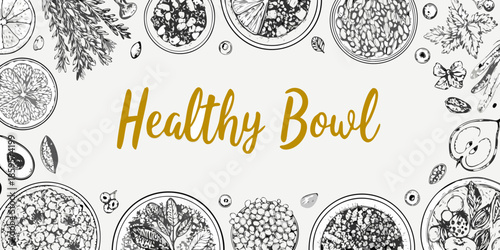 A decorative arrangement of citrus fruits and food bowls in sketch style