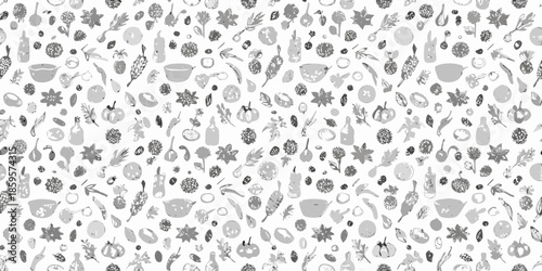 A seamless pattern featuring various illustrated fruits vegetables and botanical elements