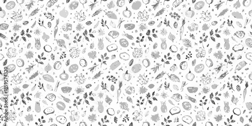 Black and white seamless pattern with various fruits leaves and floral elements