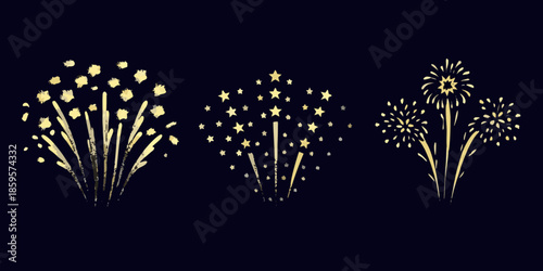 Golden firework displays illuminate the dark background with sparkling celebratory bursts