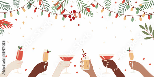 Festive celebration with drinks garlands and hands toasting a joyful occasion