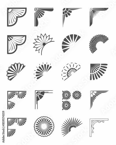 Collection of decorative art deco corner designs and floral ornamental elements