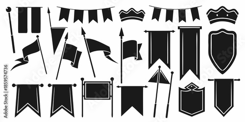Collection of heraldic flags banners and shields in a monochrome style