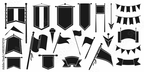 Collection of various black and white heraldic flags and banner designs