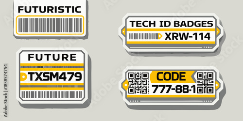 Futuristic tech id badges with barcodes and alphanumeric codes displayed prominently