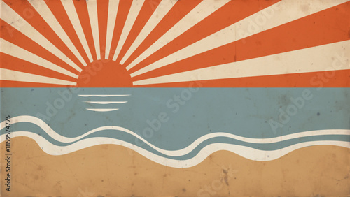 Sunset Vintage Retro Style Beach, Sunburn, Wave Vector Illustration
